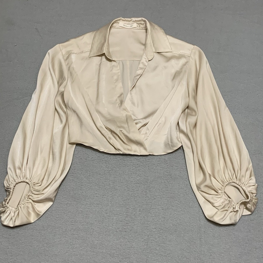Mustard Seed Boho Satin Cream Blouse‎ Balloon Sleeve Flowy Silky Size Small